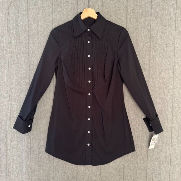 Y2k INC Black Rhinestone Button Spread Collar Pin Tuck Tuxedo Tunic Shirt Size 6 - Picture 1 of 7